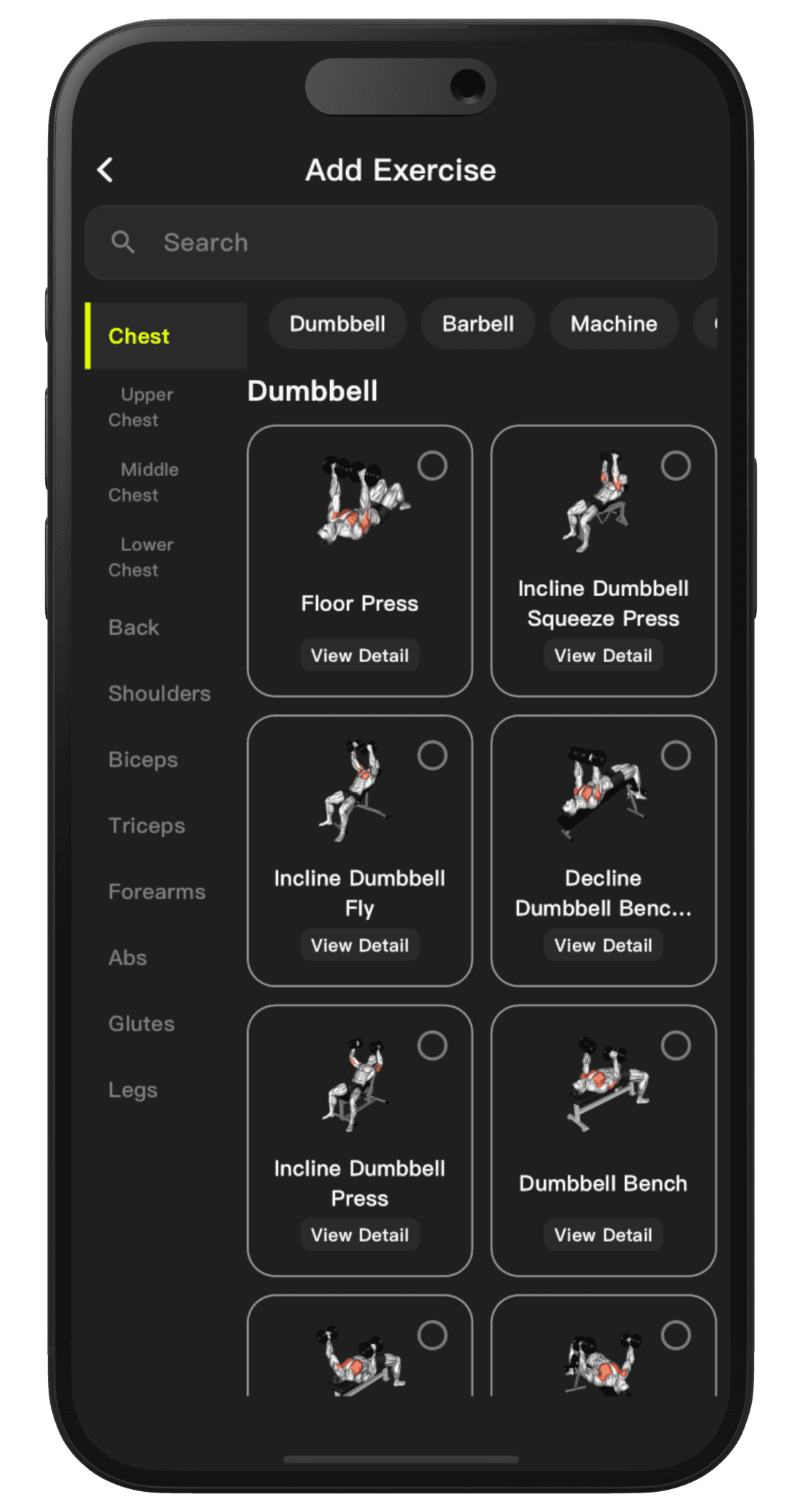 Exercise library selection screen