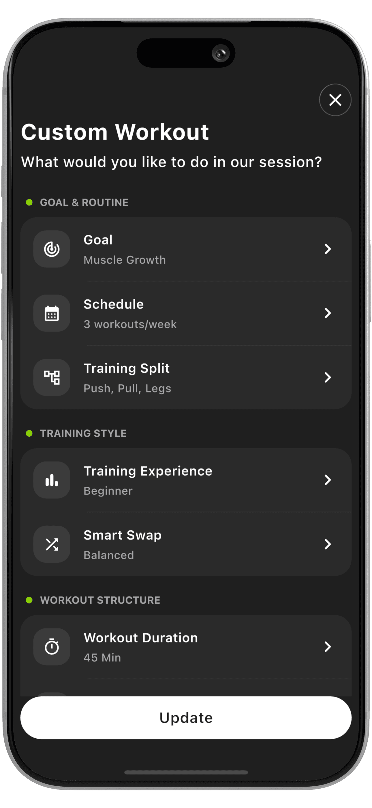 Workout logging screen