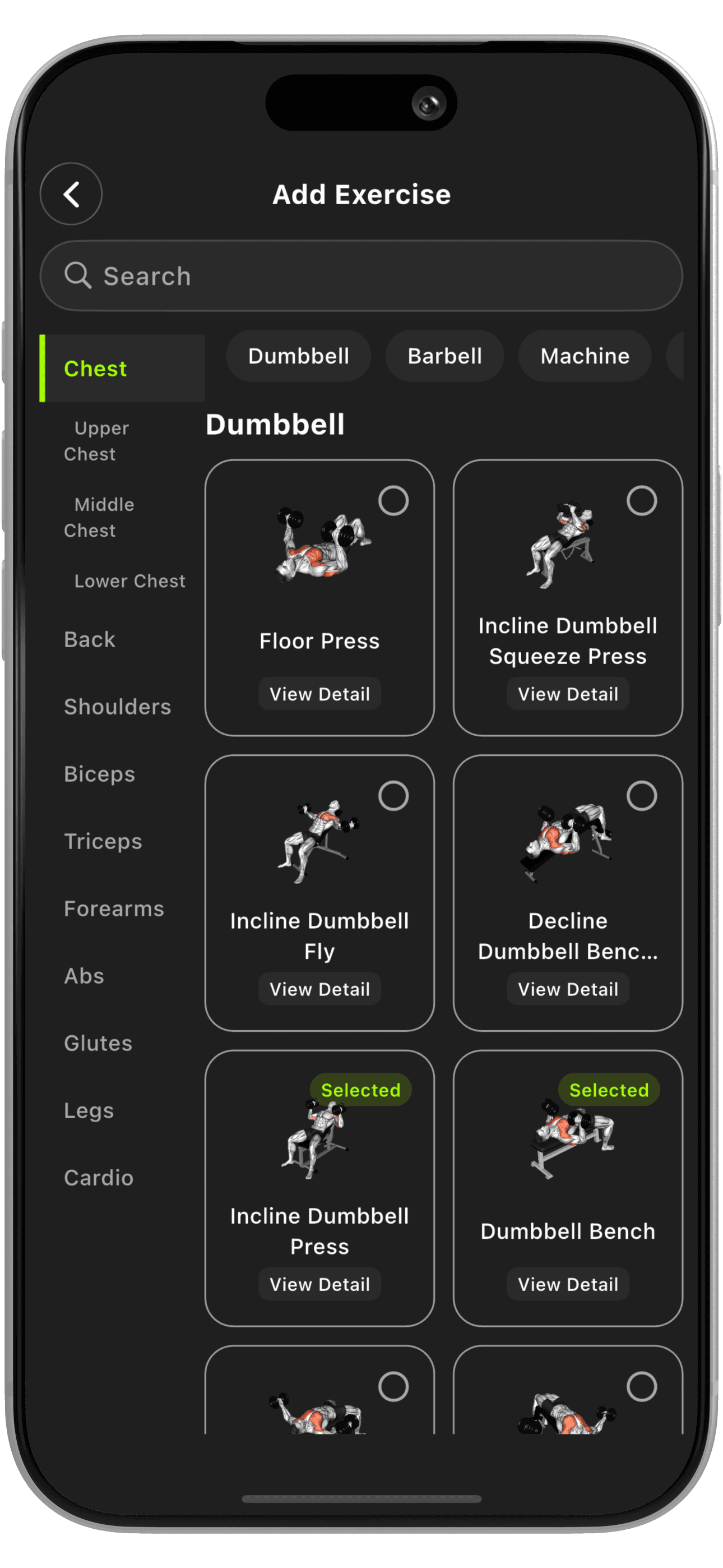 Target muscles customization screen